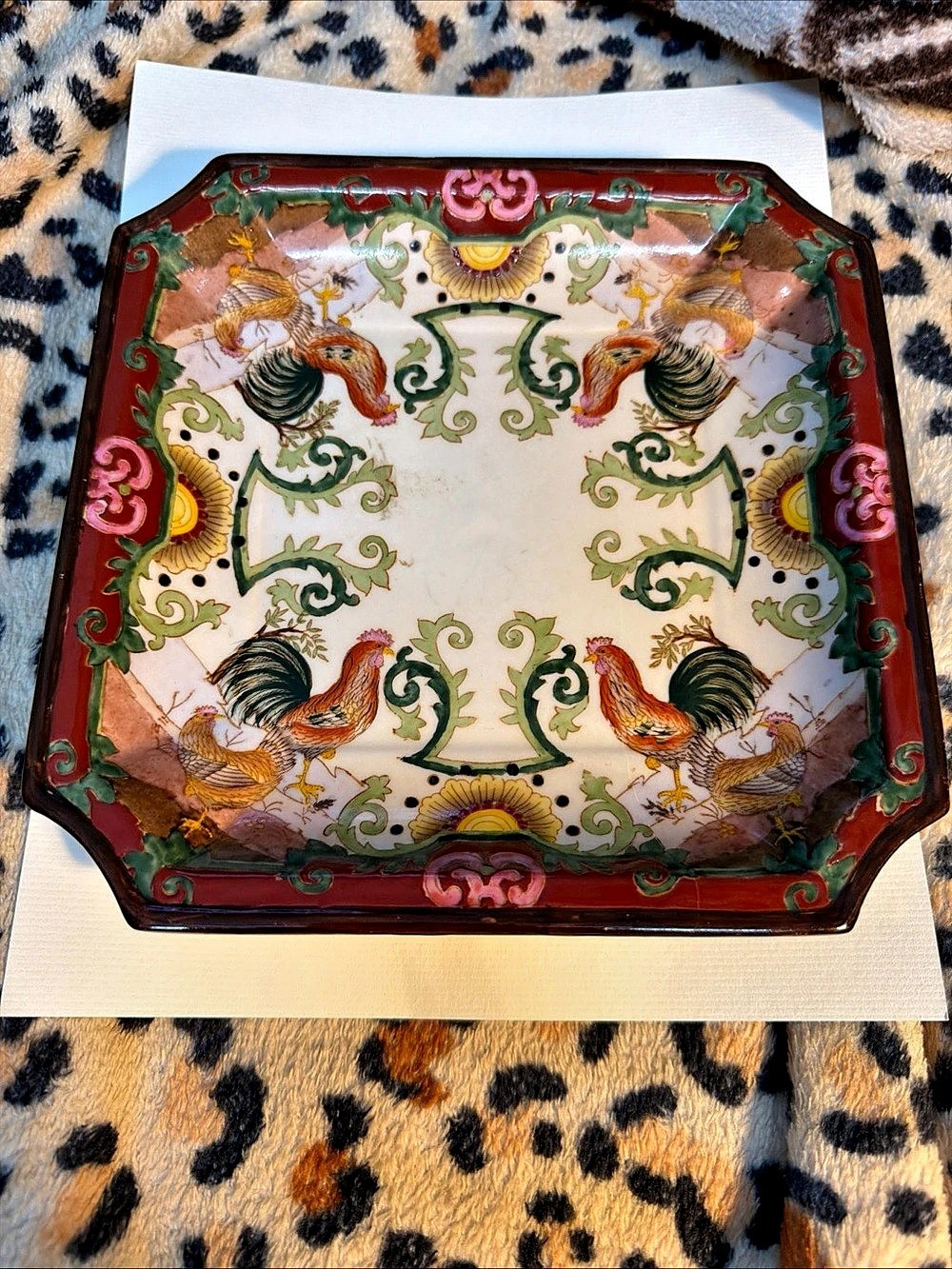 Vtg Hua Rong Tang Zhi hand painted Chinese porcelain Rooster Square Platter Mult